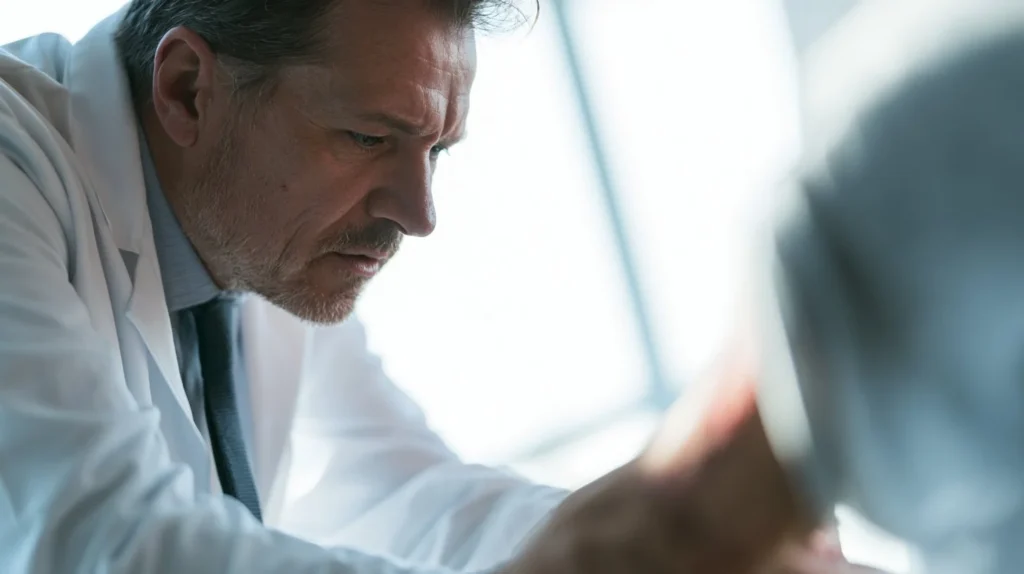 Experienced male GP in white coat attentively examining a patient's skin lesion during a dermatology consultation for early melanoma detection