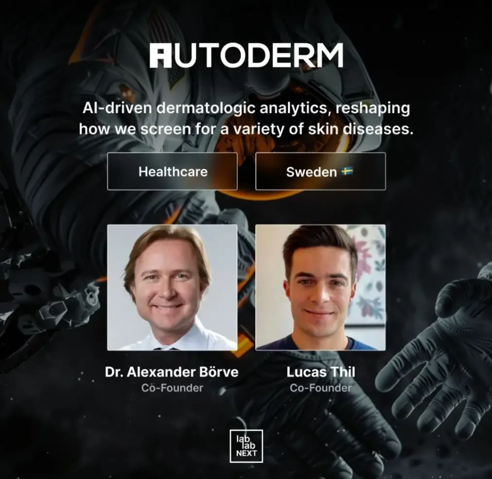 Autoderm co-founders Dr. Alexander Börve and Lucas Thil featured on the Lablab NEXT AI Accelerator program announcement banner for AI-driven dermatology