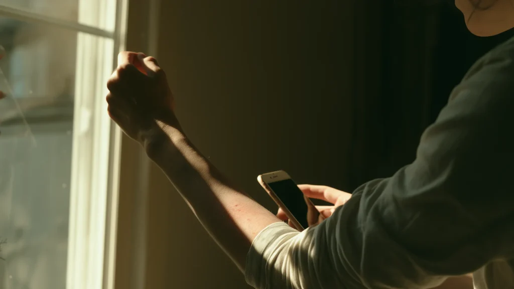 A person near a sunlit window holds up a smartphone to photograph a mark on their forearm