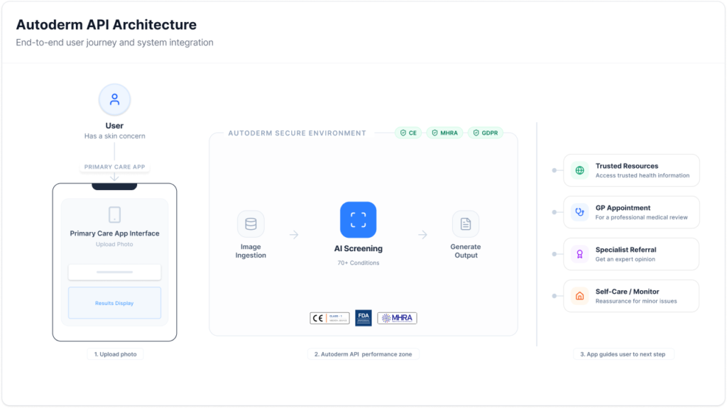 Diagram showing the Autoderm API architecture and end-to-end user journey, from photo upload in a primary care app through AI screening to guided next steps including GP appointment, specialist referral, or self-care