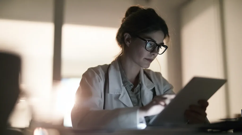 A clinician reviews a glowing tablet screen at a desk in a softly lit consultation room