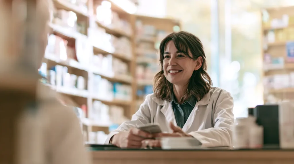 A smiling pharmacist talks with a customer across the counter, a smartphone resting between them