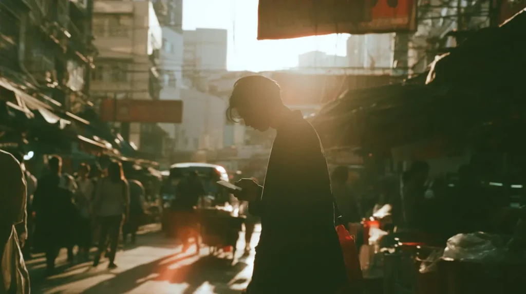 A person checks their smartphone while walking through a busy street market, backlit by warm late-afternoon light