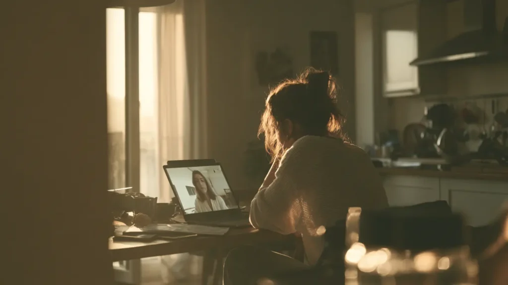 A person sits at a kitchen table in soft morning light, on a video call with a healthcare professional on a laptop