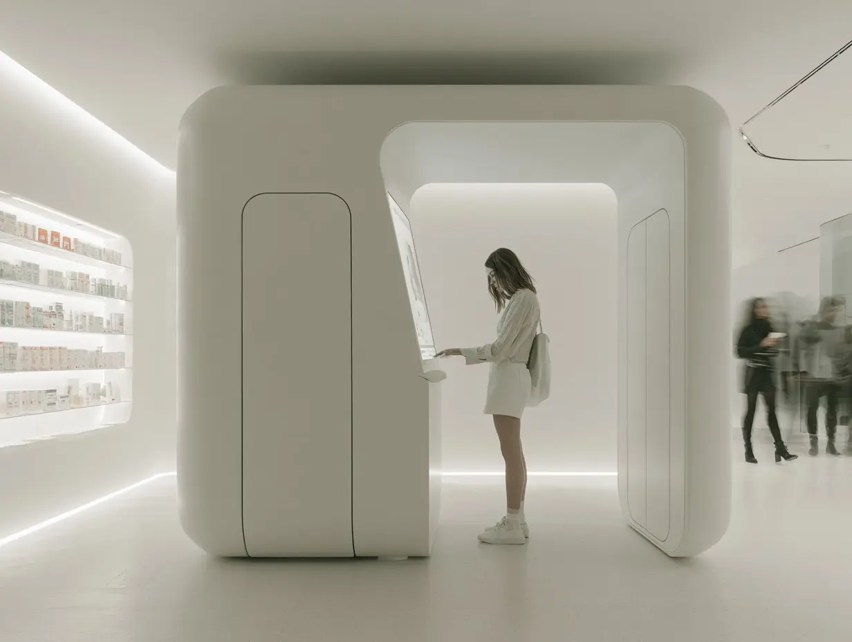 Pharmacy customer using an AI skin scanner kiosk — instant access to authoritative skin care guidance in-store
