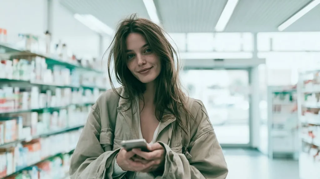 Pharmacy customer accessing authoritative AI skin care guidance — expert answers, right in the aisle