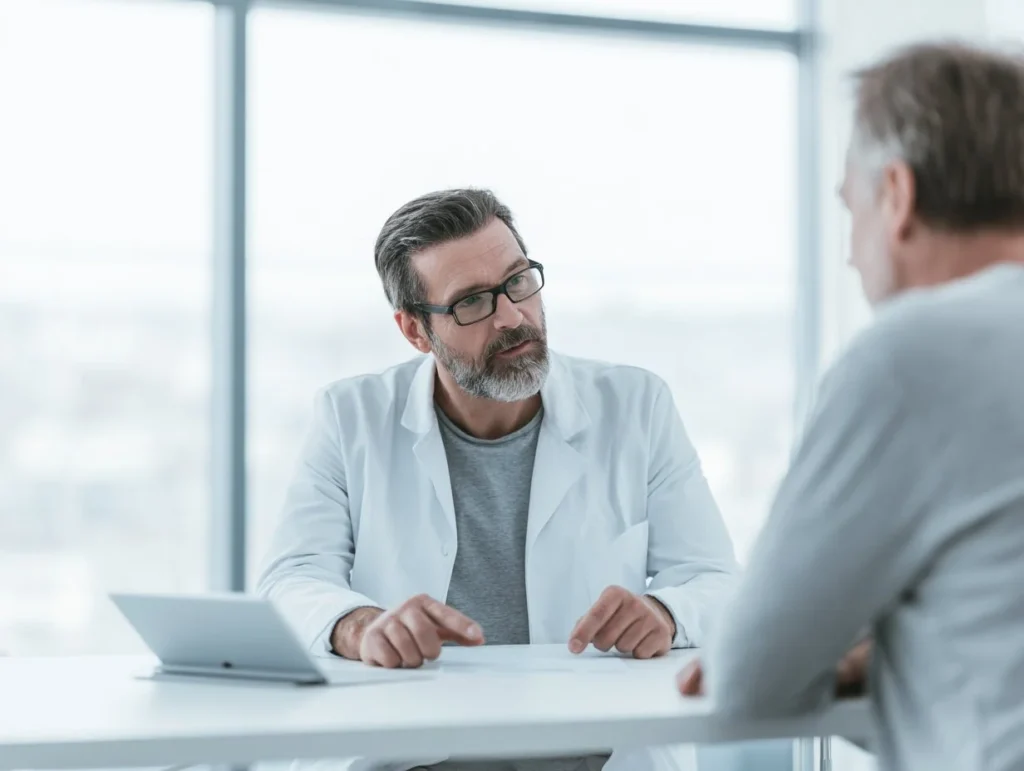 Male dermatologist in white coat consulting a patient across a desk with a tablet present, discussing AI-assisted skin disease diagnosis results