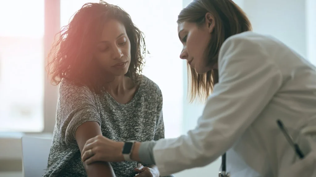 Female dermatologist in white coat attentively examining a skin condition on a dark-skinned patient's arm during a clinical consultation, highlighting the importance of equitable dermatological care