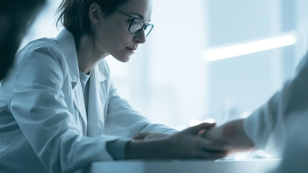 Female dermatologist in white coat closely examining a patient's forearm during a skin disease screening consultation