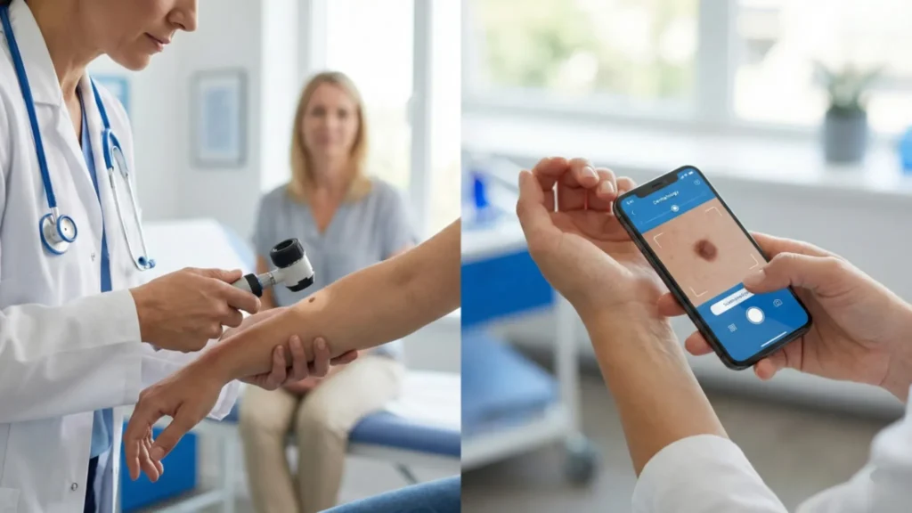 Split image comparing two skin cancer screening methods: a dermatologist using a dermatoscope on a patient's arm on the left, and a person using a smartphone AI dermatology app to photograph a mole on the right