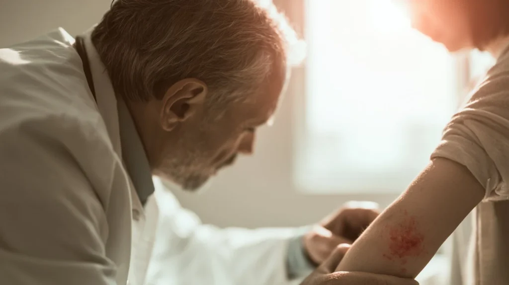 Experienced GP in white coat closely examining a red skin lesion on a patient's forearm during a primary care consultation