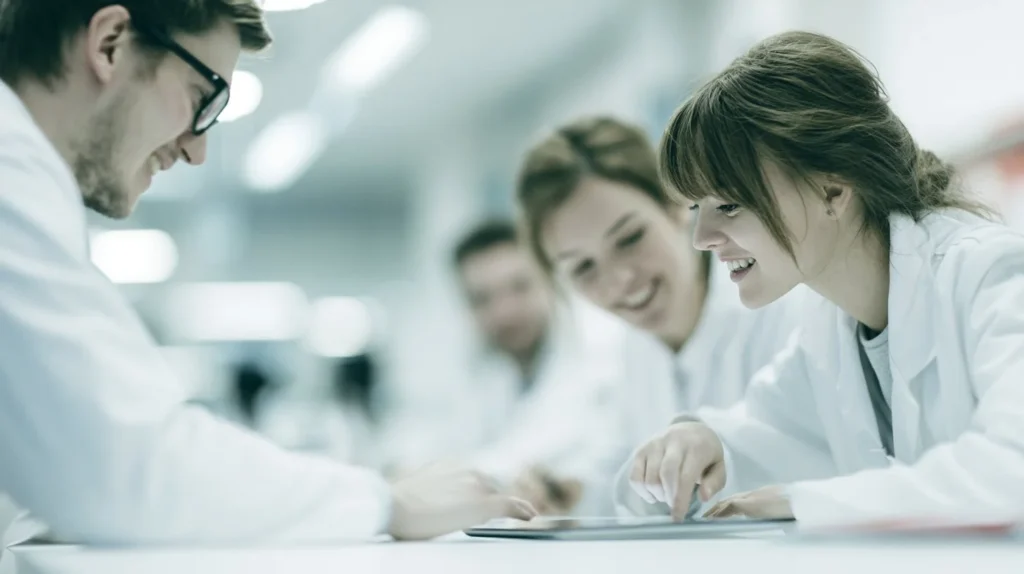Three medical students in white coats collaborating around a tablet during a dermatology AI-assisted diagnosis exercise