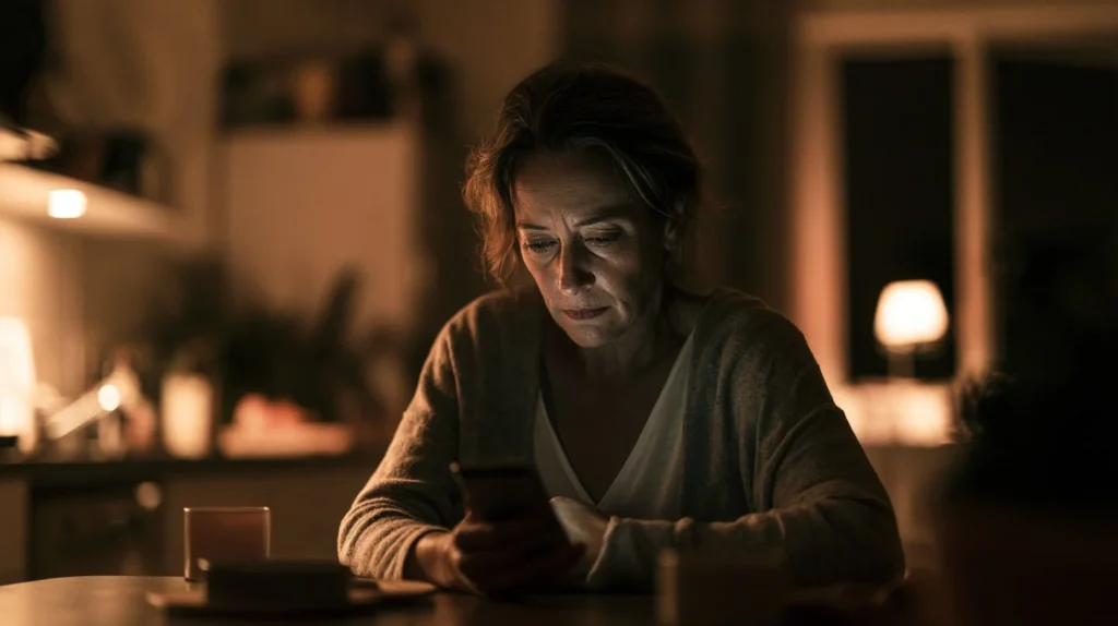 Middle-aged woman sitting alone at a dimly lit kitchen table at night, looking at her smartphone with a worried expression while seeking health advice online