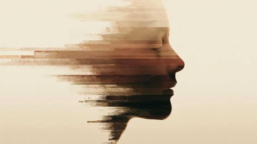 Abstract side profile of a human face composed of horizontal layered strips representing a spectrum of skin tones, symbolising the need for inclusive AI dermatology diagnosis across diverse skin types