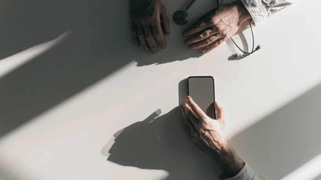 Overhead flat lay of two hands on a white surface, one holding a smartphone and the other resting beside a stethoscope, symbolising the intersection of AI technology and clinical medicine