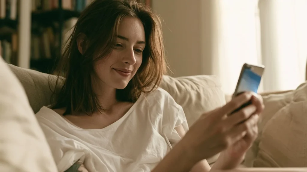 Young woman relaxing on a sofa at home using a smartphone to access the myGP skin condition checker powered by Autoderm AI