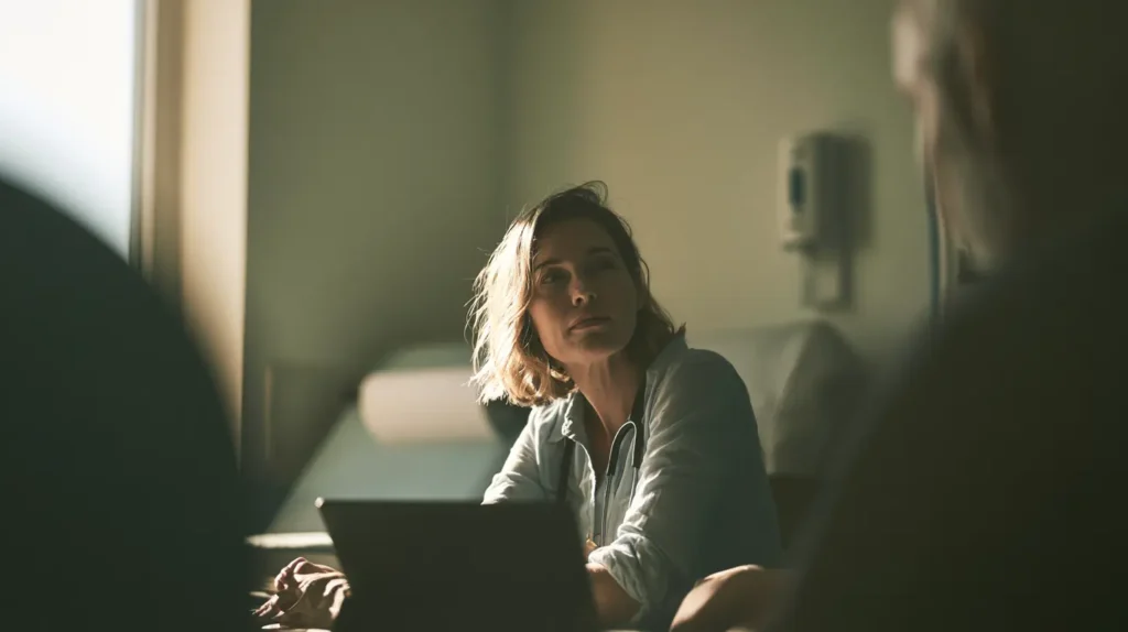 General practitioner in a primary care consulting room, listening to a patient during a consultation