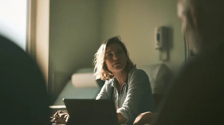 General practitioner in a primary care consulting room, listening to a patient during a consultation