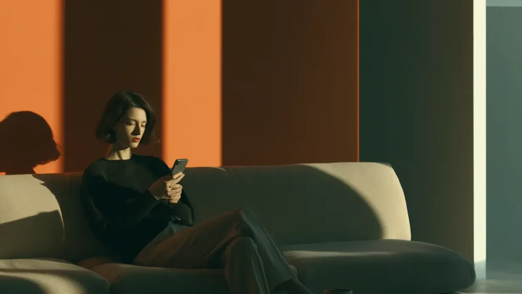 Person sitting on a sofa checking a skin concern using an AI chatbot on their smartphone