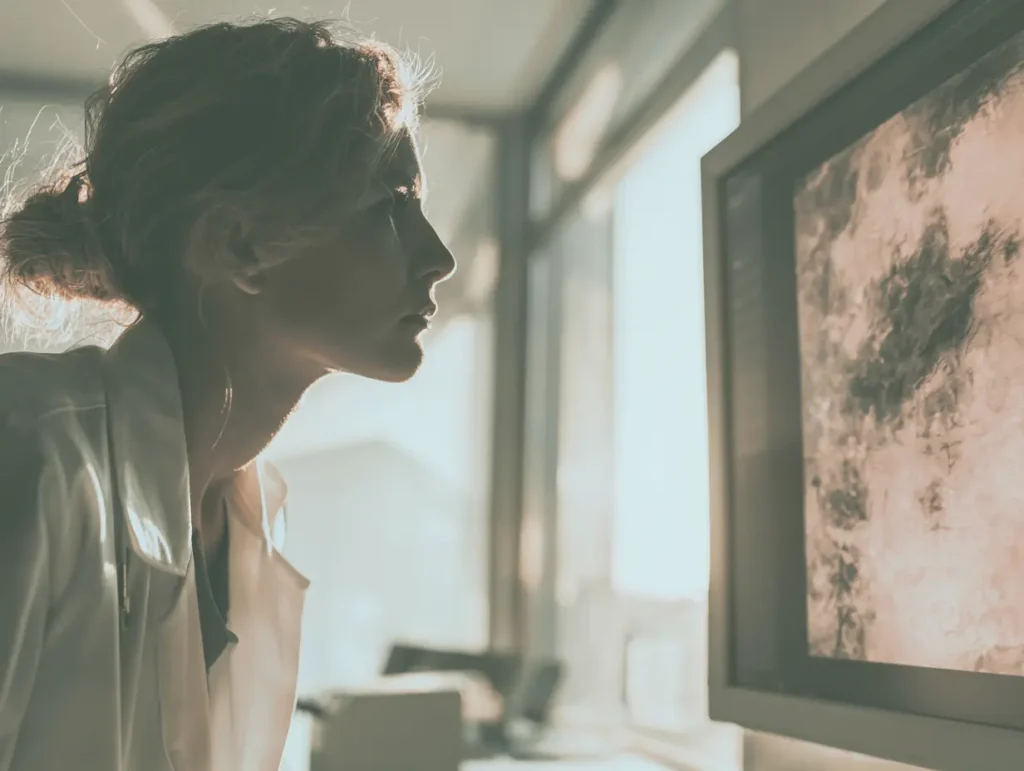 Dermatologist reviewing a skin lesion image on a clinical monitor