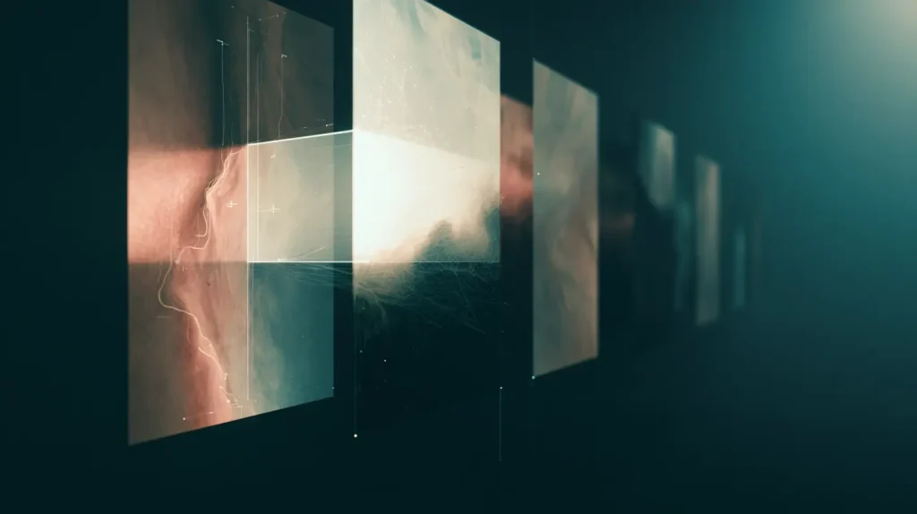 Abstract visualisation of AI analysing photographs of skin, mapping colour, texture and contour features across a series of images