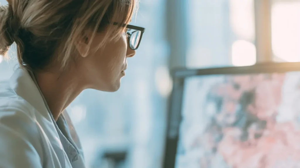 A clinician in a white coat looking closely at a magnified skin image displayed on a monitor
