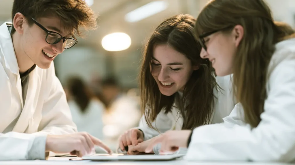 Three medical students in white coats looking together at a tablet on a desk