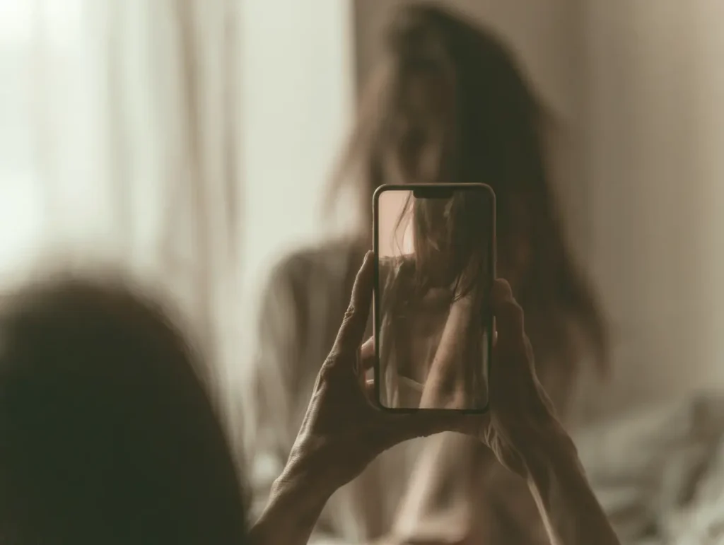 Person photographing a forearm skin patch with a smartphone camera