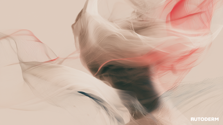 Abstract waves of fine mesh lines in nude and red tones flowing around a dark central form