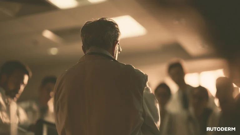 Senior physician leading a teaching round with junior doctors in a clinical setting, seen from behind