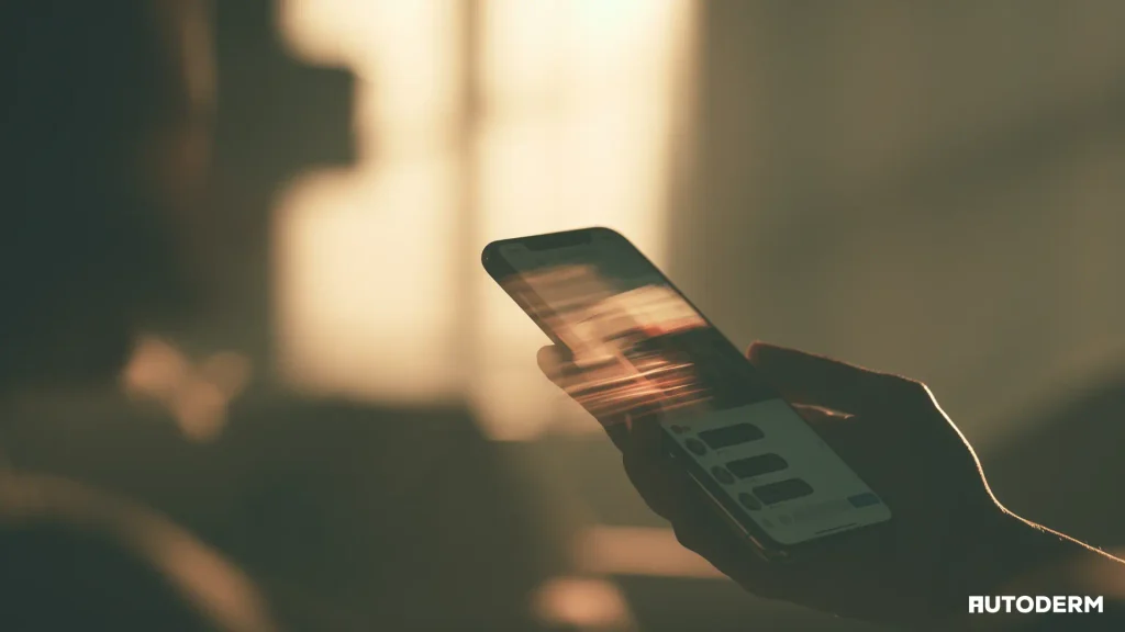 Close-up of a hand holding a smartphone mid-motion, sending a photo in a messaging thread